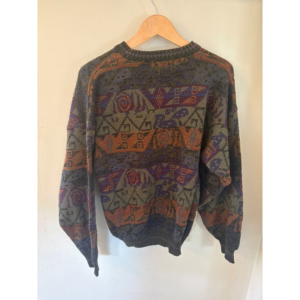 Vintage The Mens Store Sears Geometric Tribal Knit Sweater XL Green Purple 90s - Picture 5 of 7